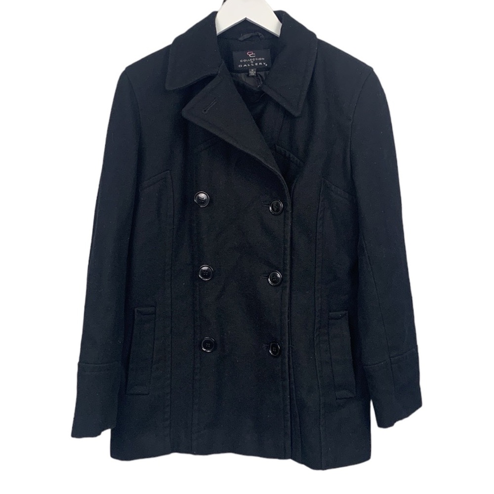 Collection by Gallery Black Wool Blend Double Breasted Pea Coat Jacket Medium